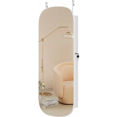 Afbeelding van Spiegel Met Opbergruimte, Led Sieradenkast Wand /Deurmontage, Afsluitbare Ronde Brede Spiegelkast, Binnenspiegel, 10 X 42 108 Cm, Wit Oppervlak Greige Voering