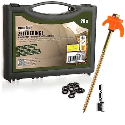Afbeelding van COM FOUR® 20x tentharingen, robuuste stalen haringen met draad en touwhouder, rotsgrondharingen voor kamperen, box tenthaken harde grond hout