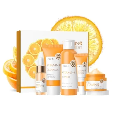 Afbeelding van LAIKOU Huidverzorgingsset, Vitamine C Serum Voor Gezicht Huidverzorgingssets en kits met Reiniger, Toner, Serum, Oogcrème, Gezichtscrème, Verwencadeaus Vrouwen, Tienermeisjes 5 stuks