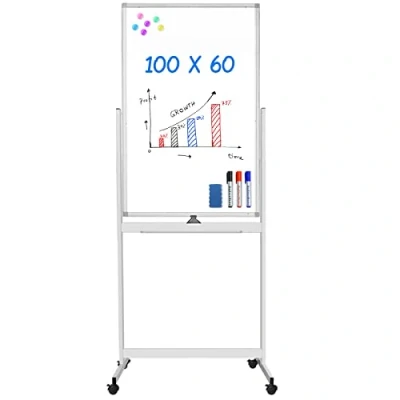 Afbeelding van Mobiel magneetbord, 100 x 60 cm, dubbelzijdig, droog afwasbaar, aluminium frame, op wielen