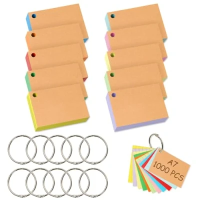 Afbeelding van Votoko 1000 stuks indexkaarten A7, kleurrijke leerkaarten, blanco, moderatiekaarten met bindringen, 7,4 x 10,5 cm, woordenkaarten, gelinieerde flashkaarten, 10 kleuren, notitiekaarten, index kaarten