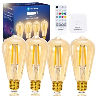 Afbeelding van Aigostar mesh Smart led gloeilamp, Bluetooth, ST64, 6 W, E27, dimbaar, warm tot koud, 2700 K 6500 K, vintage compatibel met Alexa, 4 stuks (met afstandsbediening en gateway)