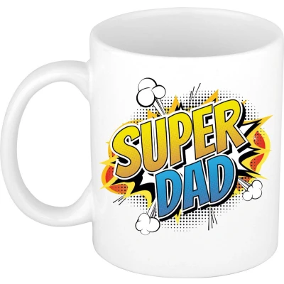 Afbeelding van Super dad cadeau mok / beker wit kado voor vaderdag papa popart strip stijl feest mokken