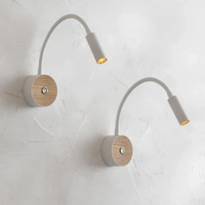 Afbeelding van ouglres Leeslamp, led wandlamp, 2 stuks, met schakelaar, industriële lamp, wit, hout, zwanenhals, 360 graden draaibaar, voor slaapkamer, hal, hotel, 3000 K