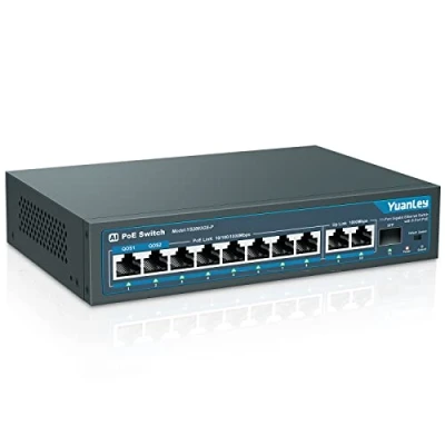 Afbeelding van YuanLey 11 havengigabit PoE Schakelaar, 8 PoE+ Haven 1000Mbps, 2 Gigabit Opstraalverbinding, 1 SFP haven, 120W 802.3af/at, Metaal, Qos, Onbeheerde Plug and Play AI Slimme Opsporing Ethernet Schakelaar