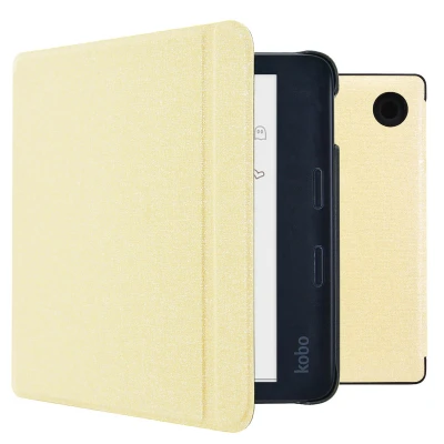 Afbeelding van Kobo Libra Colour Hoes: imoshion Canvas Sleepcover Bookcase met stand Bookcase,Sleepcover Glitter Goud Kunstleder E Reader Hoezen