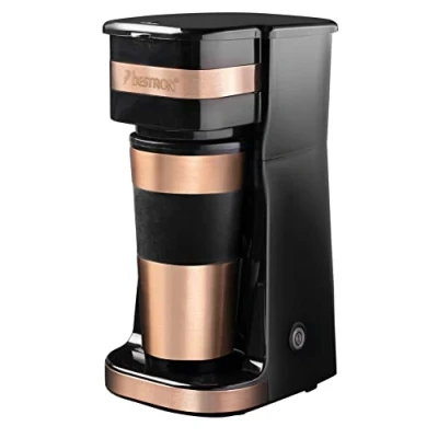 Afbeelding van Bestron Koffiezetapparaat met thermosbeker, voor gemalen filterkoffie &amp; ideal camping, 2 grote koppen, 750 Watt, rvs, Kleur: koper/zwart