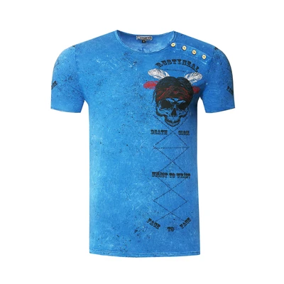 Afbeelding van T shirt heren verwassen plakatieve print ronde hals met knoopsluiting Skull S M L XL XXL 3XL 262