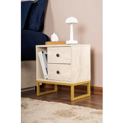 Afbeelding van Nachtkastje 2 lades Franko L45,2xH50cm Hout Travertin effect en Goud Metaal Menzzo
