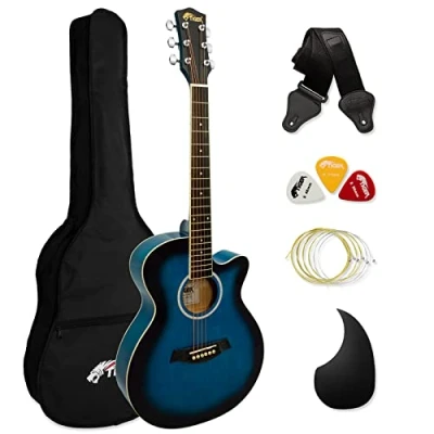 Afbeelding van TIGER 3/4 Size Akoestische Gitaar Staal Strung Kleine body voor Leeftijd 12+ met Zak, Strap, Reserve Strings en Plectrums Blauw