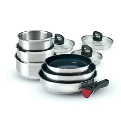 Afbeelding van Qdesign 10 delige inductiekookset bestaande uit 3 pannen, pannen met antiaanbaklaag, deksels en 1 afneembare handgrepen roestvrij staal vuurvast zilver/zwart