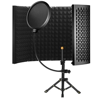 Afbeelding van Microfoonisolatieschild met statief, zangcabine isolatieschild, popfilter, opvouwbaar geluidsabsorberend schuimpak 5 panelen, voor Blue Yeti en elke condensatormicrofoon opnamestudio