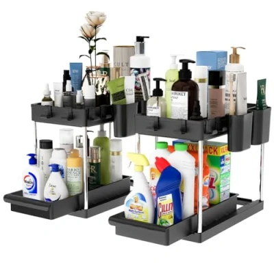 Afbeelding van BAKAJI Set van 2 organizers voor wastafel en keuken met uittrekbare lade, opbergmand, ruimtebesparend, legplanken, rek onder de gootsteen, uittrekbaar (zwart)