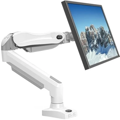 Afbeelding van HUANUO Monitorhouder voor beeldschermen van 13 tot 32 inch, monitorarm met gasveer in wit, verstelbare monitorstandaard computerschermen 9 kg, Vesa houder klem en tule