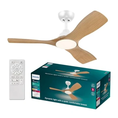 Afbeelding van Philips Olas Ventilator Energiezuinige LED verlichting Plafondlamp Instelbare kleurtemperatuur 24W 107cm diameter Afstandsbediening Wit met houtlook