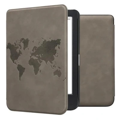 Afbeelding van kwmobile case compatibel Met Kobo Clara BW/Colour hoes standaard E reader cover in grijs Wereldkaart