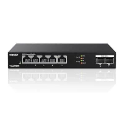 Afbeelding van Tenda 2,5 Gbit switch met 5x 2,5G poorten &amp; 2x 10G SFP+ poorten, Unmanaged 2.5 Gigabit Ethernet LAN (plug and play, metalen behuizing, zwart) (TEM2007X)