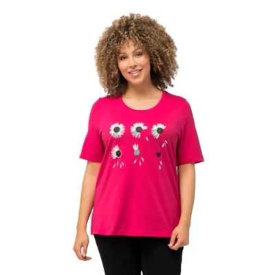 Afbeelding van Ulla Popken À Fleurs Coupe Classic FIT COL ROND ET Manches Courtes Tshirt print, Dames, Maat: 54/56, Rose vif magenta