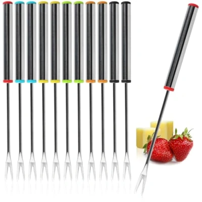 Afbeelding van COM FOUR® 12x fonduevorken van roestvrij staal vaatwasmachinebestendig fonduebestek spiesjes met roestvrijstalen handvat en gekleurde dop dompelvorken (12 stuks kleurrijk)