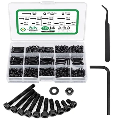 Afbeelding van Foliv 655 stuks M3 Schroevenset, koolstofstaal, zwart, schroeven en moeren, sluitringen, set zeskantschroeven, met moersleutel, schroefdraadschroeven