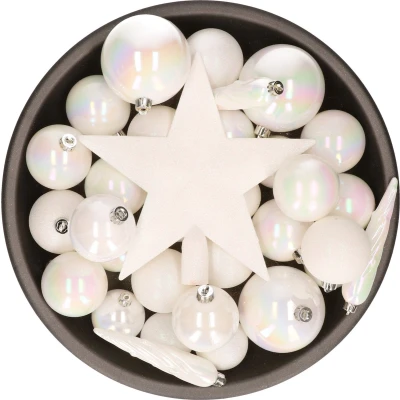 Afbeelding van 33x stuks kunststof kerstballen met piek 5 6 8 cm parelmoer wit incl. haakjes Kerstbal