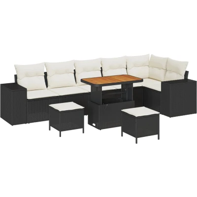 Afbeelding van vidaXL 9 delige Tuin Sofa Set met Kussens Zwart Poly Rattan Acacia, 3 Eetset Acacia