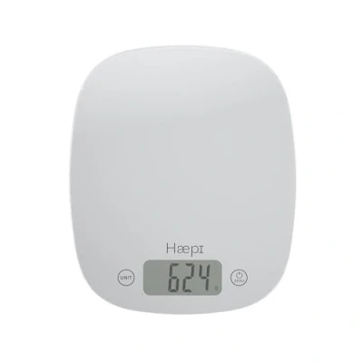 Afbeelding van Haepi Elektronische keukenweegschaal van hoogprecisie glas, 5000g/1g, tarrafunctie, vloeistoffunctie, modern en afgerond ontwerp, groot scherm grote cijfers, batterijen inbegrepen, 15 jaar garantie