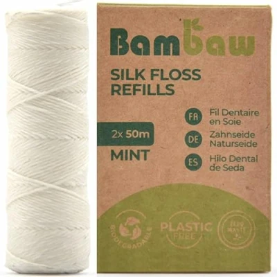 Afbeelding van Flosdraad Zijde Natuurlijke Tandzijde Candelillawas Plasticvrij Flossen Eco Navulpak Zero waste Zijden Munt 2x50m Bambaw