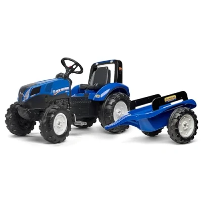Afbeelding van Falk New Holland T8 Met Aanhanger Blauw Traptractor 162 x 58 66 cm Leeftijd: 3 7 jaar Slijtvaste Kunststof Wielen Verstelbaar Zitje