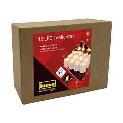 Afbeelding van Idena 30469 LED theelichtjes, 12 stuks, elektrische kaarsen met flikkerend licht, inclusief batterijen, 6 uur timerfunctie, hoogte ca. 4,5 cm, decoratie voor bruiloft, feest, als sfeerlicht