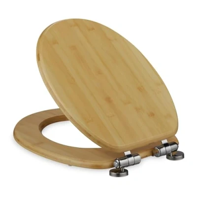 Afbeelding van Relaxdays houten wc bril, met softclose &amp; quick release, 37,5 x 43,5 cm, bamboe, montage van bovenaf, ovale vorm, natuur