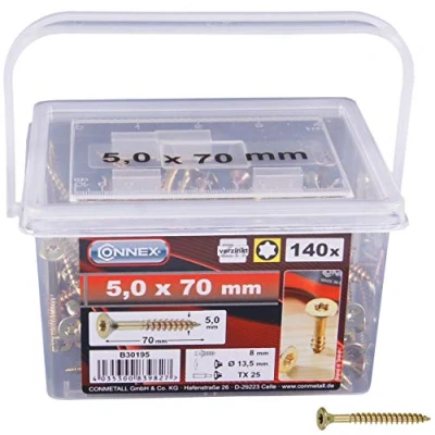 Afbeelding van Connex Universele schroeven 5,0 x 70 mm 160 stuks in set verzonken kop TX Torx aandrijving gedeeltelijke schroefdraad geel verzinkt/schroevenset/schroevenemmer / B30195