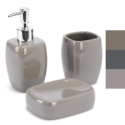 Afbeelding van MSV badkameraccessoires keramiek 3 delig zeepdispenser, zeepbakje, tandenborstelbeker taupe