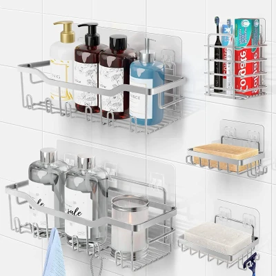 Afbeelding van doucheplank zonder boren, 5 stuks badkamerorganizer, badkamerrek, zilvergrijs, van SUS304 roestvrij staal, douchemand, shampoohouder voor douche