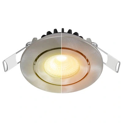 Afbeelding van Led inbouwspot nikkel/RVS, dim to warm (3000K 2000K), kantelbaar, 5W vervangt 50W, zaagmaat Ø55mm, buitenmaat Ø62mm, 23mm diep