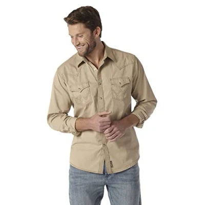 Afbeelding van Wrangler Retro T shirt met lange mouwen en knoopsluiting voor heren, Lichtbruin, L