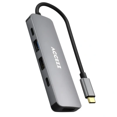 Afbeelding van 5 in 1 USB C Hub 4K 30Hz Ultra HD 100 Watt Opladen Docking Station Kunststof Donkergrijs / Dark Grey Accezz