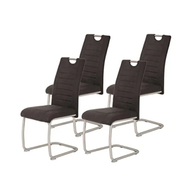 Afbeelding van Set van 4 eetkamerstoelen Ulla, bekleding microvezel vintage look antraciet, metalen gest. Ronde buizen roestvrij staal