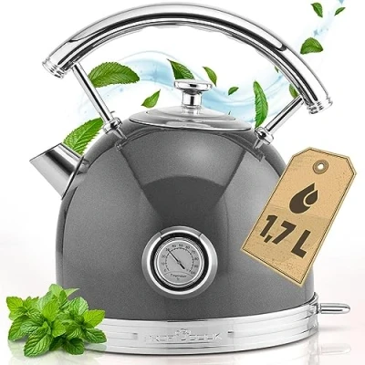 Afbeelding van ProfiCook Waterkoker 1.7L in stijlvol vintage design Retro met solide metalen behuizing en chromen applicaties temperatuurweergave, 2200W PC WKS 1192 antraciet