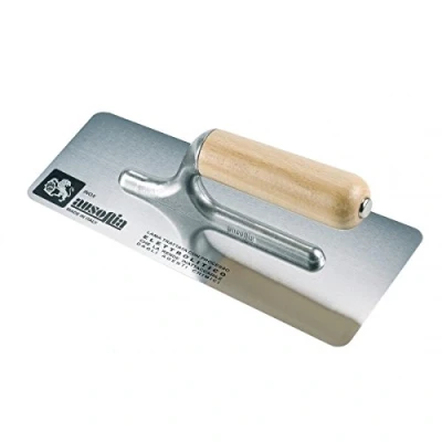 Afbeelding van AUSONIA 27X11 TRAPEZOIDAAL ROESTVRIJ STALEN MES MET RONDE RANDEN, EEN VORK VAN ALUMINIUMLEGERING EN HOUTEN STEEL. IDEAAL VOOR HET POLISSEN MARMORINO SPATULEERDE VENITIANSE STUC