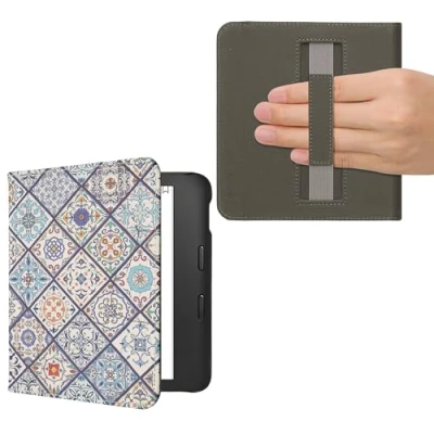 Afbeelding van kwmobile flip cover geschikt voor Kobo Libra 2 Case met magnetische sluiting Hoes e reader in blauw / oranje wit Marokkaanse Tegels Bont design