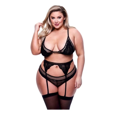 Afbeelding van Baci 3pc Lace &amp; Mesh Bra, Garter Panty Set Black Queen