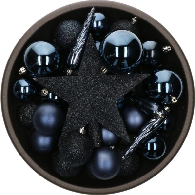 Afbeelding van 33x stuks kunststof kerstballen met piek 5 6 8 cm donkerblauw incl. haakjes Kerstbal