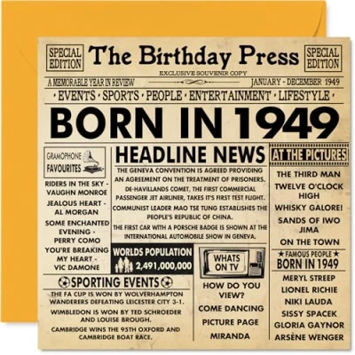 Afbeelding van 75e verjaardagskaarten voor mannen en vrouwen geboren in 1949 krant Happy 75 verjaardagskaart opa oma Nan Vintage Retro terug 1949, 145 mm x vijfenzeventig