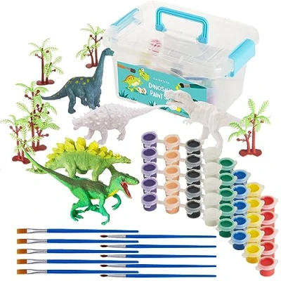 Afbeelding van THE TWIDDLERS 26 Delige Dinosaurus Schilderset 5 Dino Figuren, Sets Verf (Elk 8 Kleuren), 10 Penselen, Bomen en 1 Opbergdoos Knutselen, Verjaardagsfeestjes, Kinderspeelgoed
