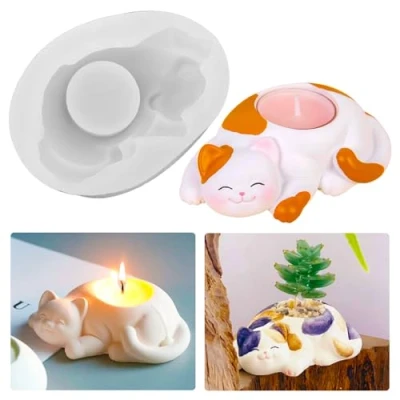 Afbeelding van Siliconen Mal Kaarshouder Beton Gieten Kat Waxinelichtje Dieren 3d Kitten Waxinelichthouder Epoxyhars Voor Kaarsen Bloempot Home Decoratie