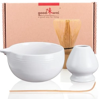 Afbeelding van Goodwei matcha set met garde, lepel en kom gardehouder van keramiek in bijpassend design Kunstig vervaardigde chawan tuit (Camellia White)