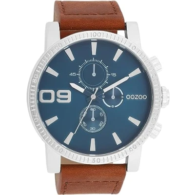 Afbeelding van OOZOO C11210 Horloge Timepieces staal leder zilverkleurig bruin blauw