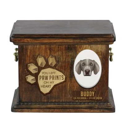 Afbeelding van Art Dog Pet Memorial Urn Handgemaakt koud gegoten bronzen portret op berkenbasis Gepersonaliseerde hondencrematiedoos 8,3x11,4x8,7 Weimaraner
