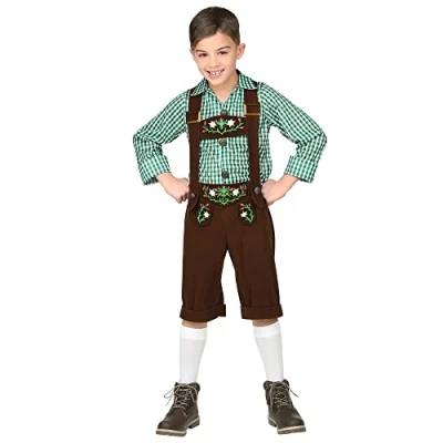 Afbeelding van Widmann Boeren Tirol &amp; Oktoberfest Kostuum Bruine Lederhosen Met Shirt Jong Geleerd Bierfeest Jongen Groen, Bruin Maat 116 Verkleedkleding